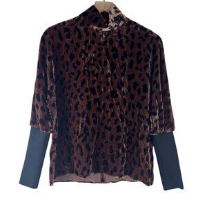 Tibi Velvet Animal Printed Long Sleeve Mock Neck Blouse
